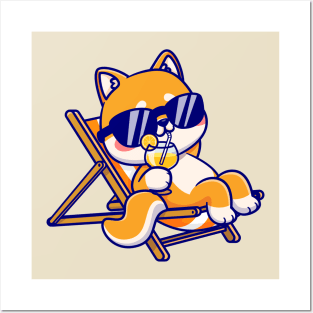 Cute Shiba Inu Dog Relaxing On Bench And Drink Orange Juice Cartoon Posters and Art